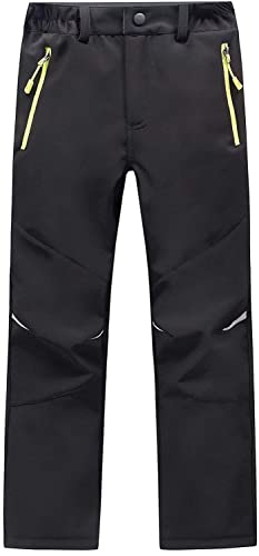 Waterproof Trousers Kids Softshell Pants with Fleece Lined Boys Girls Outdoor Hiking Trouser for Winter Skiing Holidays & Snowboarding Black