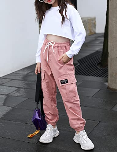 SEAUR - Girl Cargo Pants Girls Hip Hop Trousers Kids Cargo Trousers Loose Casual Streetwear Pants Pink