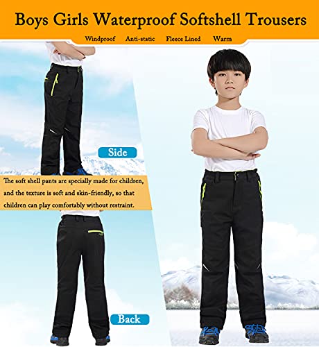 Waterproof Trousers Kids Softshell Pants with Fleece Lined Boys Girls Outdoor Hiking Trouser for Winter Skiing Holidays & Snowboarding Black