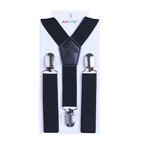 AWAYTR Suspenders for Kids Children Braces - Elasticated Adjustable Y shap Brown Leather 3 Clips on Suspender(Coffee)