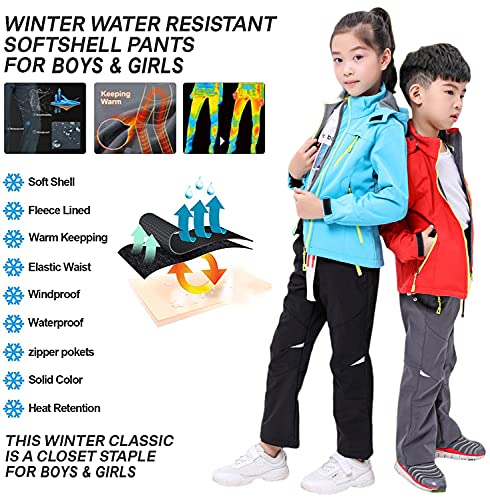 Waterproof Trousers Kids Softshell Pants with Fleece Lined Boys Girls Outdoor Hiking Trouser for Winter Skiing Holidays & Snowboarding Black