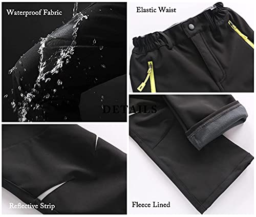 Waterproof Trousers Kids Softshell Pants with Fleece Lined Boys Girls Outdoor Hiking Trouser for Winter Skiing Holidays & Snowboarding Black