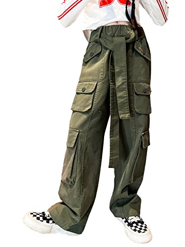 Rolanko Girls Baggy Cargo Trousers, Elastic High Waist Straight Wide Leg Streetwear Pants with Multi Pockets, ArmyGreen, Size:170