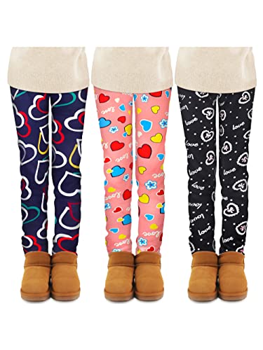 TODDOR 3 Pack Girls' Fleece Lined Leggings Winter Warm Thick Printed Trousers Toddler Ankle Length Pants