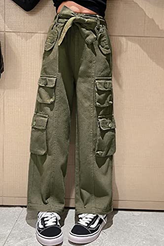 Rolanko Girls Baggy Cargo Trousers, Elastic High Waist Straight Wide Leg Streetwear Pants with Multi Pockets, ArmyGreen, Size:170