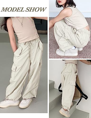 Maeau - Girls Baggy Cargo Trousers Kid Y2K Vintage Joggers Athletic Sweatpants Loose Street Hip Hop Dance Bottoms Beige