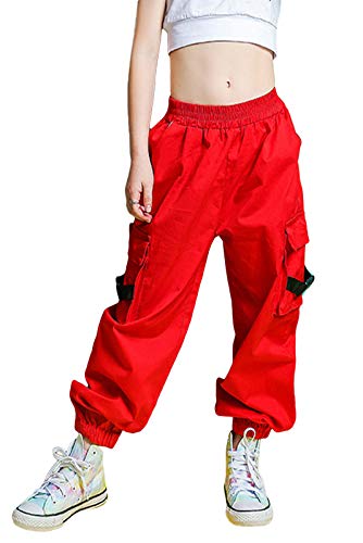 Rolanko Girls Hip Hop Trousers Kids Cargo Pants Elasticated Jogger for Streetwear Dance(Red,tag Size 170)