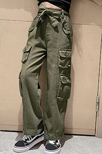 Rolanko Girls Baggy Cargo Trousers, Elastic High Waist Straight Wide Leg Streetwear Pants with Multi Pockets, ArmyGreen, Size:170