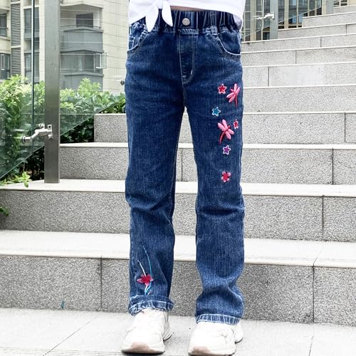 Peacolate 5-12 Years Little Big Girl Dark Blue Trousers Embroidered Dragonfly Straight Jeans(Dragonfly,7-8Years)