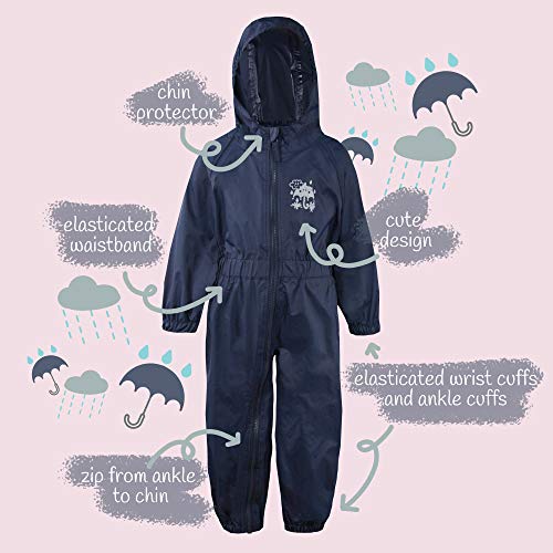 Metzuyan Childrens Waterproof Hooded Rain Puddlesuit Rainsuit All-in-One Outfit Set Size 2-3 Years Navy