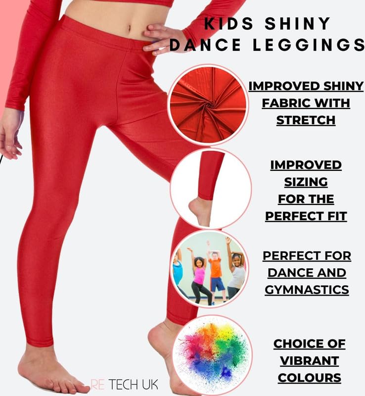 Re Tech UK Kids, Girls Leggings, Gymnastic Dance Neon Footless Ballet Stretchy Shiny Elasticated Childrens Lycra Tights Sports, Black Leggings for Girls (9-10 Years, Royal Blue)