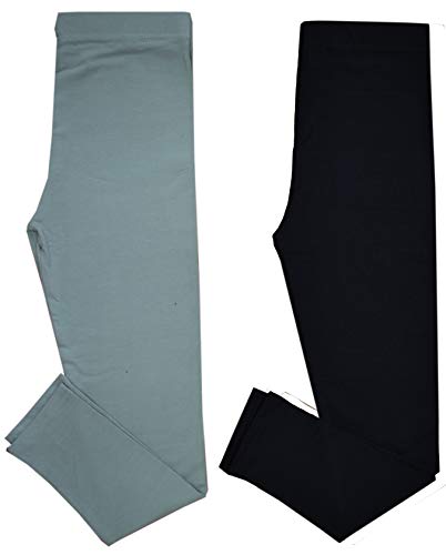 Panzy® 2 Pack Girls Kids Children Plain Stretchy 95% Cotton Leggings Ages 5 to 13 (9/10 yrs, Black/Sliver Grey)