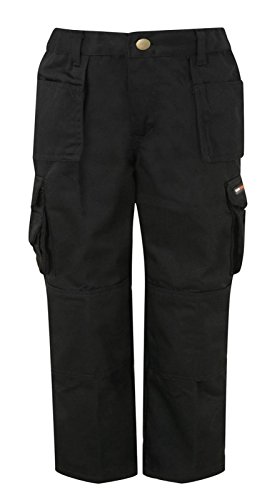 Tuffstuff Childrens Kids Pro Work Junior Childs Trousers Kneepad Pouches & Mobile Pocket Triple Stitched & Double Thickness On The Back Pockets With Tuck Away Pockets School Camping Trips Casual 711J Black 5-6 Years