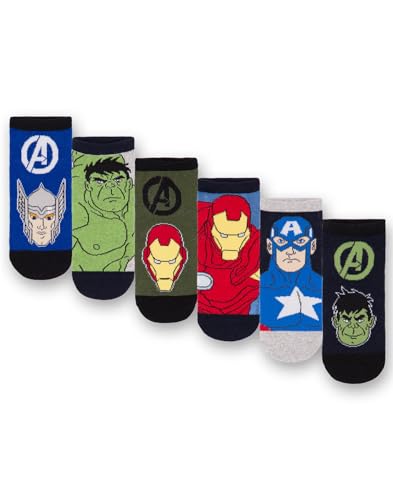 Marvel Avengers Boys Socks - Pack of 6 | Kids Superhero Multicoloured Athletic Character Socks | Hulk Captain America Iron Man Thor Graphic Footwear | Comfortable Childrens Sock Set Merchandise Gift