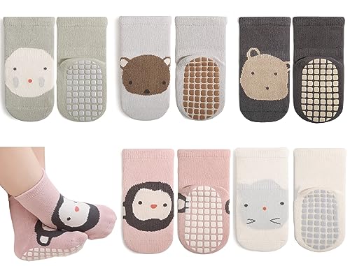 Exemaba Baby Anti Slip Socks 5 Pairs Toddler Cute Animal Crew Slipper Socks for Boys Girls(Pink Monkey,S/6-12M)