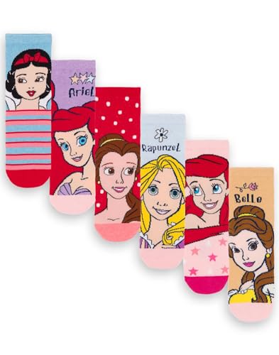 Disney Princess Girls Socks - Pack of 6 | Kids Multicoloured Character Socks | Snow White Ariel Belle Rapunzel Graphic Footwear | Comfortable Childrens Sock Set Bundle Movie Merchandise Gift