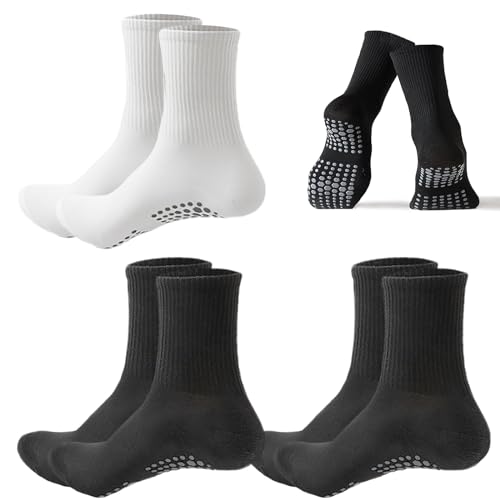 KEYRI 3 Pairs Kids Socks Football Socks Boys Girls, Silicone Grip Socks Nonslip Soccer Sock Sport Sock Athletic Socks, Running Training Sock One Size Children Yoga Sock Ages 7~13 (Cotton, Black+White)