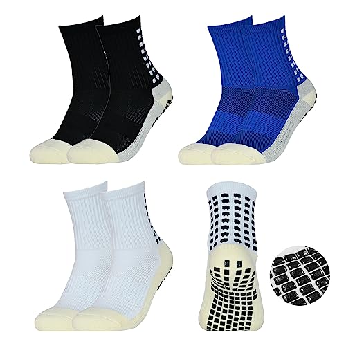 TSHAOUN 3 Pairs Kids Football Socks, Children Unisex Grip Socks Sports Socks Rugby Socks Breathable Socks for Teenagers Aged 5-12 Years for Running Hockey Football Rugby Training (Black,White,Blue)