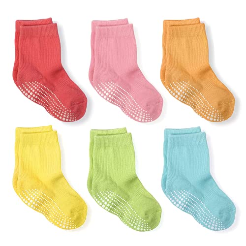 LA Active Athletic Crew Grip Socks - 6 Pairs - Baby Toddler Infant Newborn Kids Boys Girls Non Slip/Anti Skid (Color Splash, 12-36 Months)