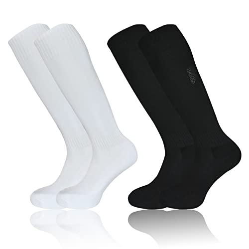 lvzhen 2 Pairs Kids Football Socks, White Black Nonslip Football Socks Breathable Boys Girls Long Soccer Sock Sport Training Rugby Hockey Socks for Children Teenagers Ages 5~12