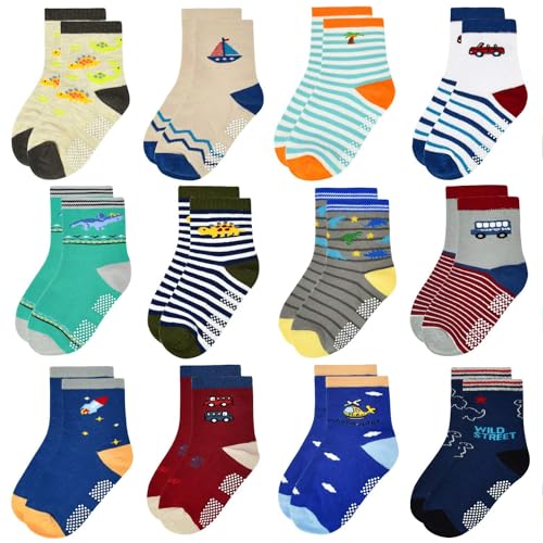 ELUTONG Toddler Cartoon Grip Socks - 12 Pairs Cute Kid's Non Slip Socks Suitable for Boys And Girls Aged 1-3 Years