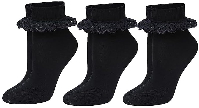 ZRWASKA® 3 Pairs Baby Girls Ankle socks Childrens Cotton Frilly School Socks with Lace Party Wear Back to School Socks Uniform Girls Lace over Ankle Kids School Socks Black, Size (6-8)(2-3 Yrs)