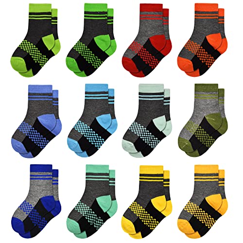 GENTABY Boys Crew Socks Novelty Plaid Kids Multiple Colour Elastic Mid Cut Toddler Socks Fashion Casual Breathable Boy Sport Socks 12 Pairs for 7-10 Years Children