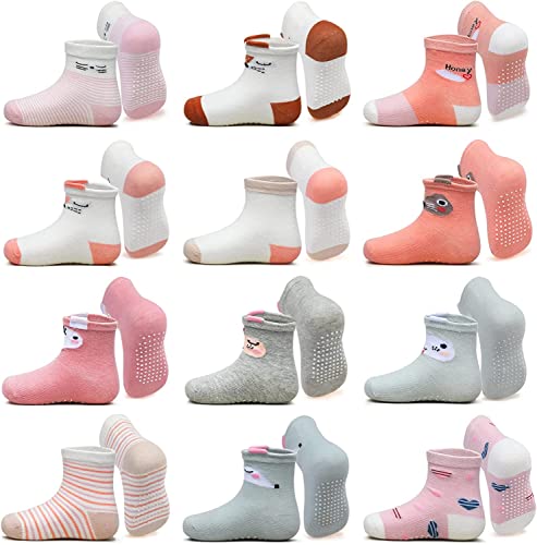 Lictin Baby Socks Non Skid Socks - 12 Pairs Girls Animal 3D Design Assorted Colored Socks, 1-3 Year Pink/White/Grey/Rose Red Socks Infant Toddler Socks