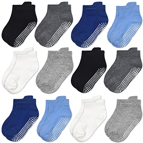 GRPSKCOS Non Slip Toddler Socks 12 Pairs Anti Skid Ankle Baby Socks with Grippers Kids Boys Grips Cotton Crew Socks for 1-7 Years Children (1-3 Years, 1 Boys Multicolor-12 Pairs)