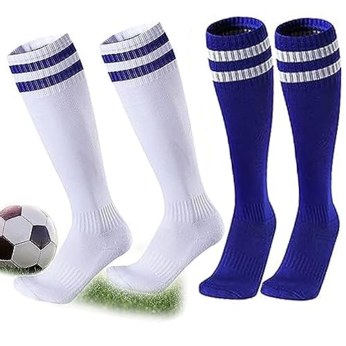 kuou 2 Pairs Kids Football Socks, Colors Childrens Unisex Anti-slip Towel Bottom Socks Long Soccer Breathable Sock for Rugby, Hockey, Running Or Training (White, Blue) Children Aged 5-12, 18x 36cm
