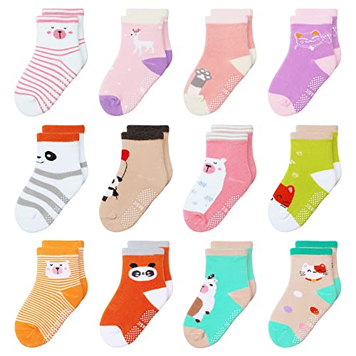 HYzgb Baby Socks 12-36 Months Toddler Girls Socks with Non Slip Grips 12 Pairs Cotton Crew Socks 1 Years 2 Years 3 Years Toddlers Girls Gift (Multi-Colors)