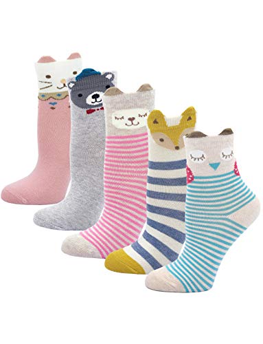 PUTUO Toddler Girls Socks Novelty Cotton Rich Crew Socks, Baby Girls Cute Animal Pattern Christmas Socks for Kids, 5 pairs, 5-7 Years, Animal Pattern-5 Pairs