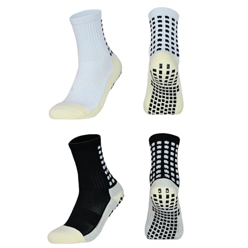 SKHAOVS 2 Pairs Kids Football Grip Socks, Boys Girls Grip Socks Football Socks Basketball Socks Hockey Socks Rugby Socks, Anti-slip Sports Socks for Children Teenagers Ages 5-12 (Black,White)