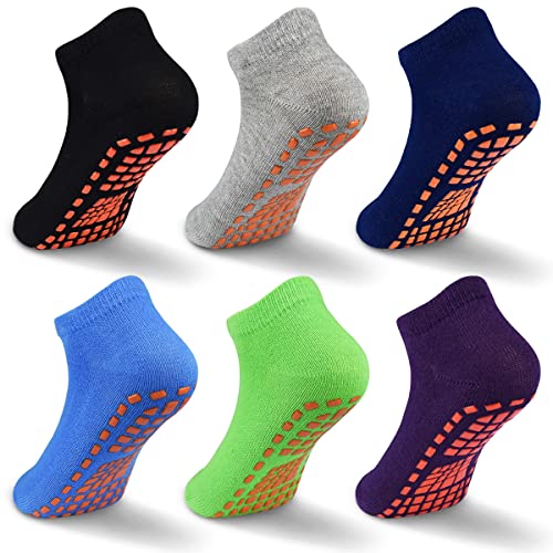 GRPSKCOS Kids Non Slip Trampoline Socks Anti-Skid Sticky Grips Indoor Breathable Socks 6 Pairs for Children Teenagers (01 Black+Grey+Navy+Blue+Green+dark Purple, 6-9 Years)