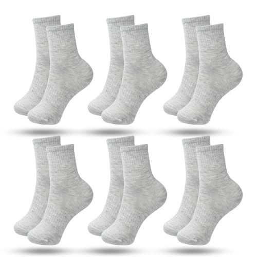 Fadcaer 6 Pairs Boys Girls Childrens Kids Socks Black White Grey School Sports Socks Cotton Rich Seamless Socks Age 3-5 Years UK Shoe Size (9-12),6-8 Years (12.5-3.5) for Children Kids (Grey L)