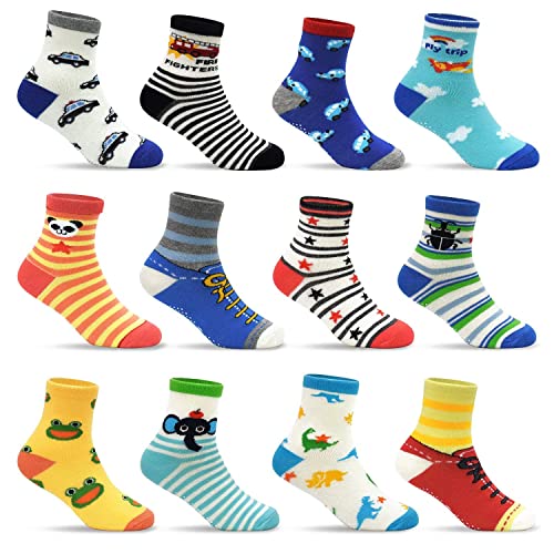 Toddler Non Slip Socks 12 Pairs Cartoon Anti Skid Sticky Cute Ankle Socks for Children Boys Girls Grips Crew Socks for 1-7 Years Kids(#2 Cartoon Style (12 Pairs), 1-3T)