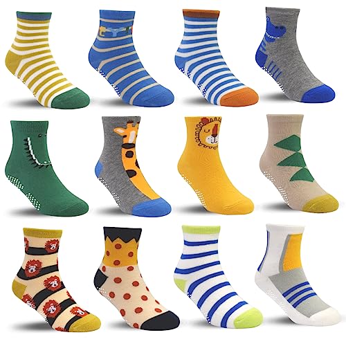 ELUTONG Toddler Socks with Grips, 12 Pairs Non Skid Boy Socks for 3-5 Years Kid Children Boy Girl
