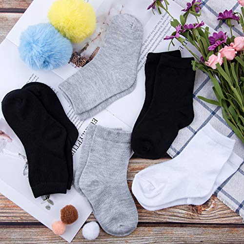 Duufin 18 Pairs Toddler Socks Kids Mid Cut Half Cushion Socks Breathable Unisex Socks for Baby Girls and Boys, Black White Grey, 1-2 Years