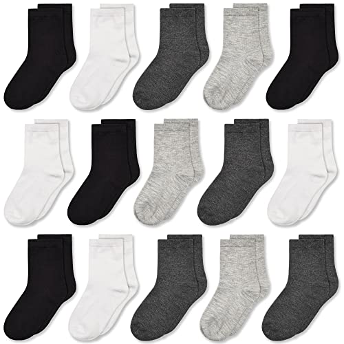 GENTABY Socks Boys Black White Gray Elastic Kids Sports Socks for 7-10 Years 15 Pairs Girls Toddler Socks Size 9-12/12-3