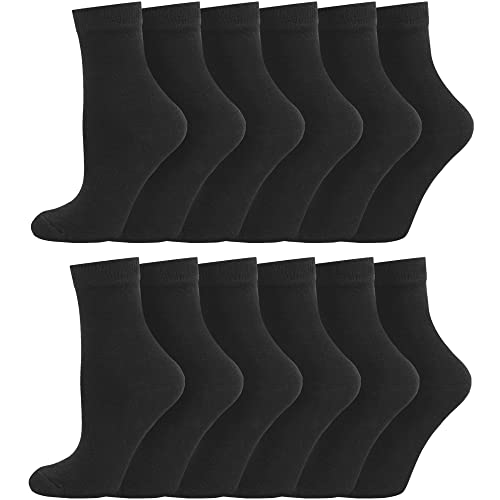 Boys Girls Childrens Kids Back to School 12 Pairs Cotton Rich Plain Ankle School Socks Sizes 0-2½, 3-5½, 6-8½, 9-12, 12½-3½, 4-5½ (4-6y - 9-12 Jnr, Black)