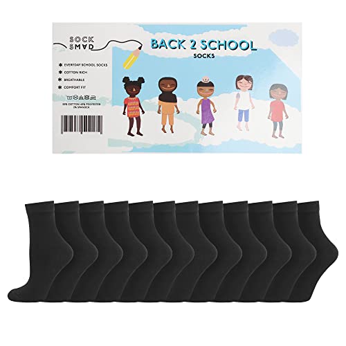 Boys Girls Childrens Kids Back to School 12 Pairs Cotton Rich Plain Ankle School Socks Sizes 0-2½, 3-5½, 6-8½, 9-12, 12½-3½, 4-5½ (4-6y - 9-12 Jnr, Black)
