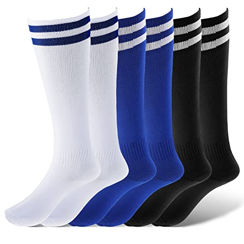 Fuyamp 3 Pairs Kids Football Socks,3 Colors Childrens Football Socks Kids Breathable Soccer Sock Long Football Socks for Sporting Running Training Socks for Children Aged 5-12