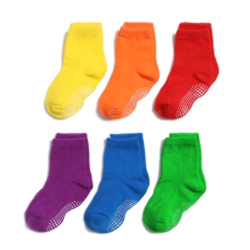 QIYIENDIAN 6 Pairs Non Slip Cozy Warm Crew Socks with Grips for Baby Infant Toddler Kids Boys Girls（3-5 Years，3-Multicolor B）