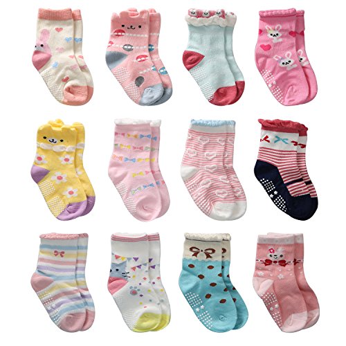 Wobon Toddler Girl Non Skid Socks Cute Cotton with Grips, Baby Girls Anti-skid Socks , 3-5 Years, 12 Pairs