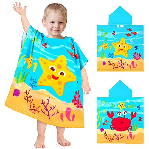 WACCET Kids Hooded Towel Poncho, Soft and Quick-Dry Bath Hooded Towels for Kids Microfiber Kids Beach Towel with Hood for 0-7 Years Old Boys Girls, Beach, Swimming, Bathing (Starfish, M)