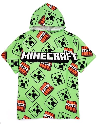 Minecraft Kids Towel Poncho | Green Bath Towel For Boys & Girls | Creeper TNT Explosive Swimwear | Hooded Graphic Beach Cover Up | Cosy Swim Accessory Gift for Children