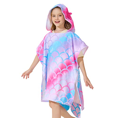 WERNNSAI Mermaid Kids Beach Towel - Hooded Towel Wrap 27" x 27" Kids Hooded Poncho Sand Free Beach Towel for Girls Bath Pool Quick Dry Soft Kids Bath Towel for Travel Shower Swim Microfiber