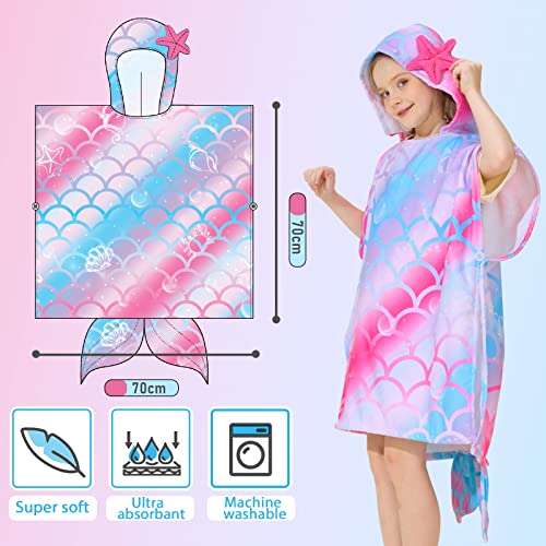 WERNNSAI Mermaid Kids Beach Towel - Hooded Towel Wrap 27" x 27" Kids Hooded Poncho Sand Free Beach Towel for Girls Bath Pool Quick Dry Soft Kids Bath Towel for Travel Shower Swim Microfiber