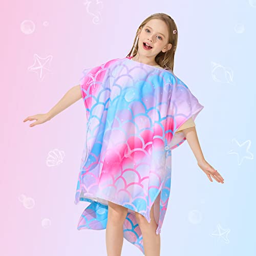 WERNNSAI Mermaid Kids Beach Towel - Hooded Towel Wrap 27" x 27" Kids Hooded Poncho Sand Free Beach Towel for Girls Bath Pool Quick Dry Soft Kids Bath Towel for Travel Shower Swim Microfiber