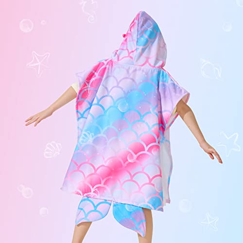 WERNNSAI Mermaid Kids Beach Towel - Hooded Towel Wrap 27" x 27" Kids Hooded Poncho Sand Free Beach Towel for Girls Bath Pool Quick Dry Soft Kids Bath Towel for Travel Shower Swim Microfiber
